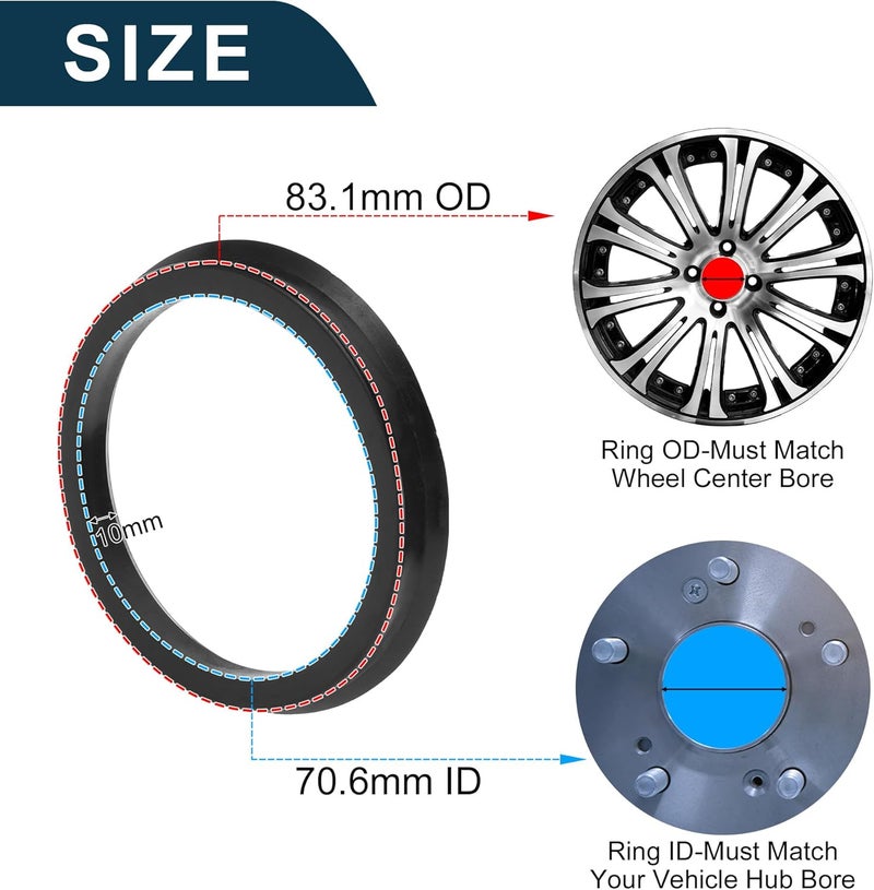 TUCKBOLD Car Wheel Hub Centric Rings Durable Wheels Center Shaft Shock Absorbing Hubrings Black 2 Pcs OD 83.1mm to ID 70.6mm Polycarbonate - Image 3